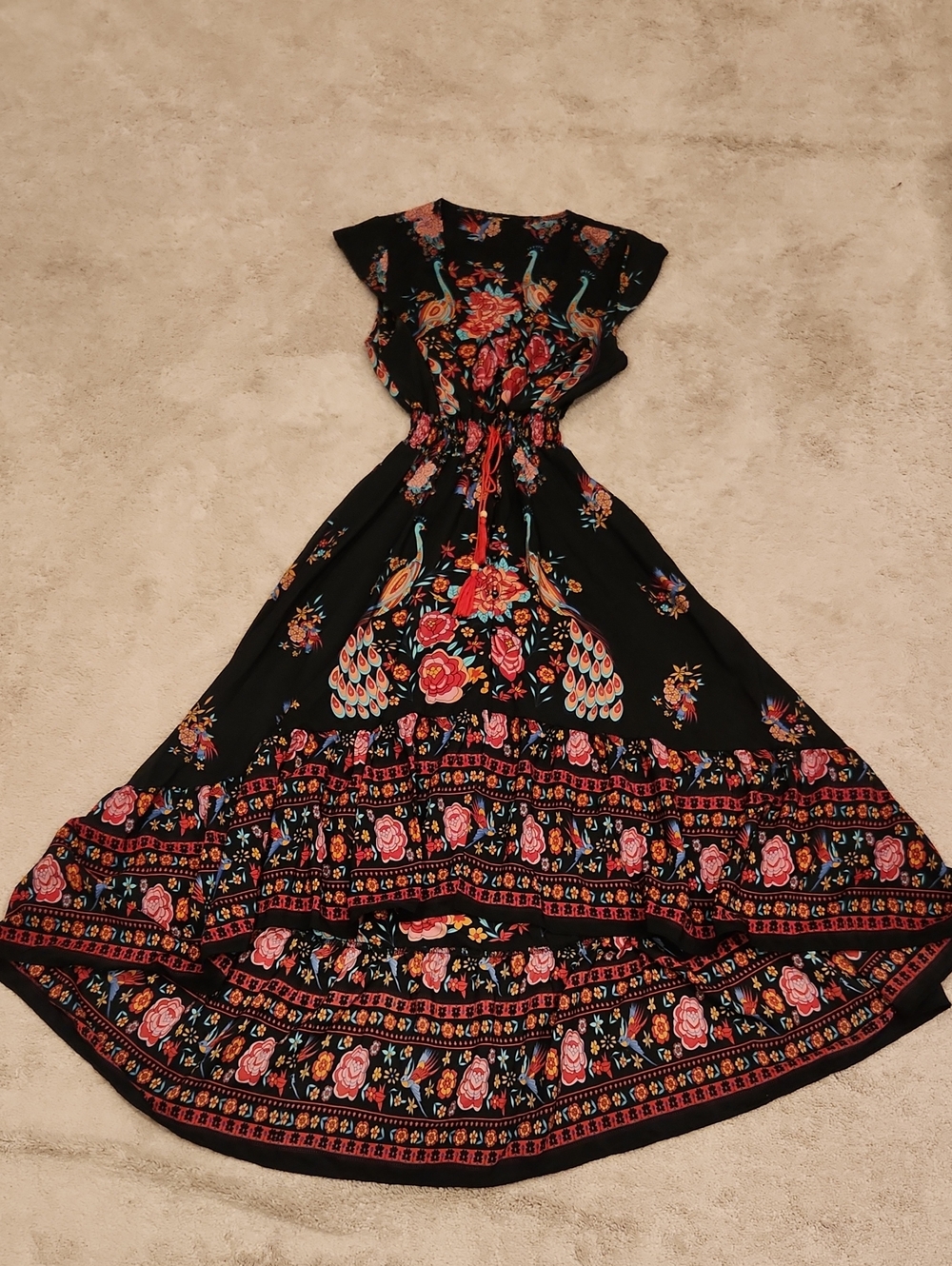 Boho Floral & Peacock Print Black Maxi Dress